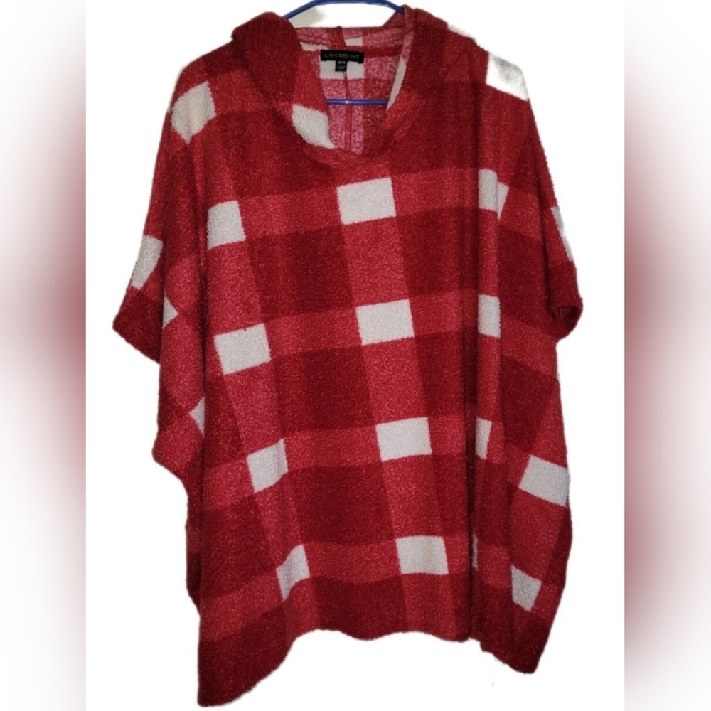 Lane Bryant Sweetheart Red Hooded Plaid Sherpa Poncho Hoodie Red White Sz 14/16